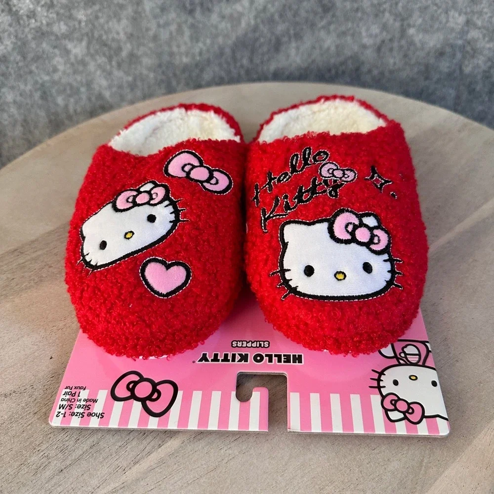 Hello Kitty Kids Red Sherpa Faux Fur Slippers Size 1-2 S/M Sanrio New